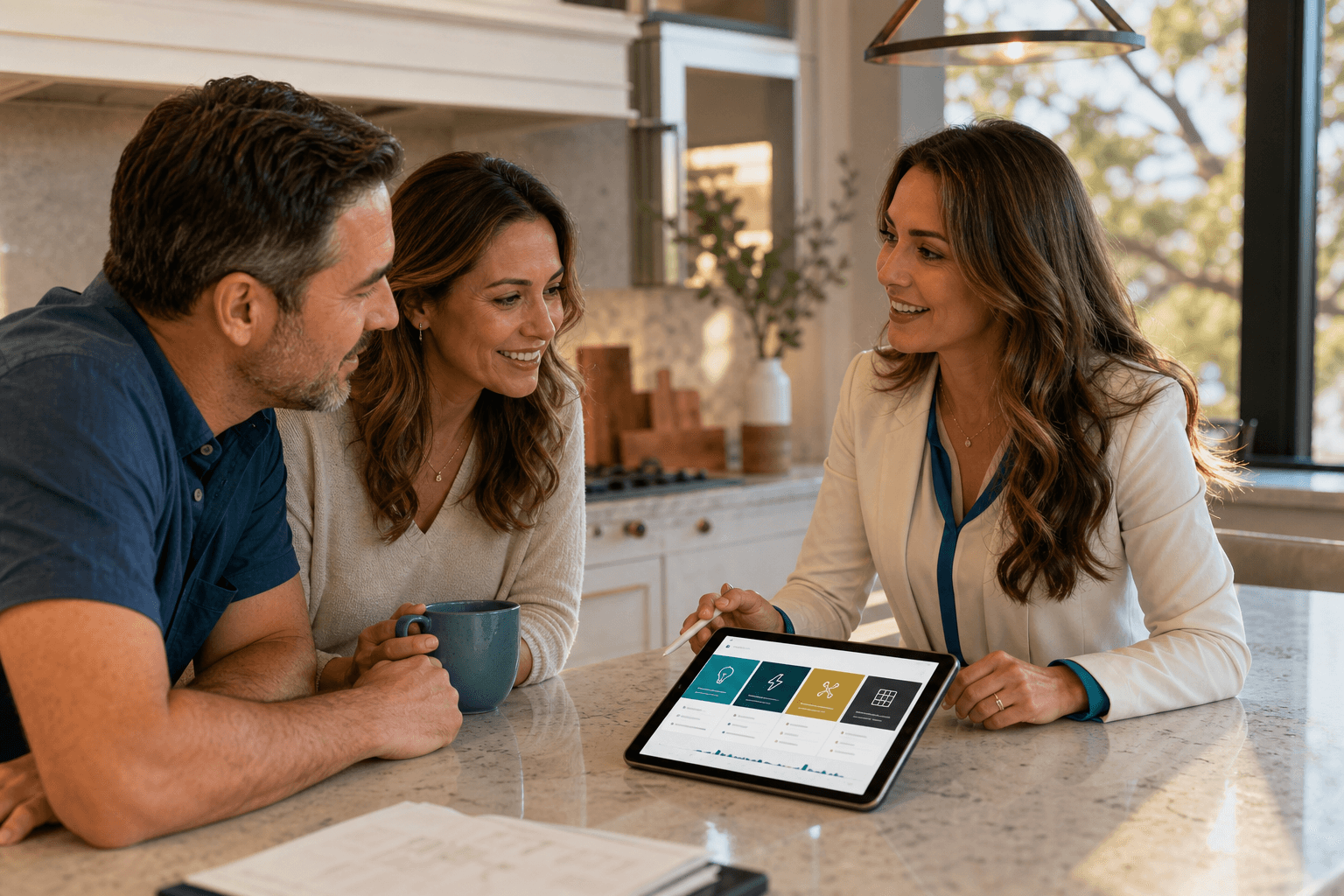 Energy professional consulting with homeowners about electricity options